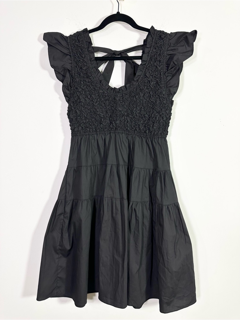 En Saison Black Ruffle Sleeve Tiered Fit and Flare Scoop Neck Mini Dress